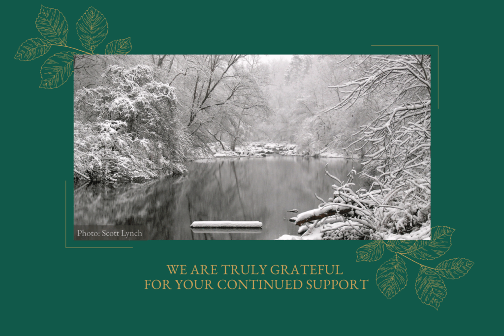 Holiday postcard depicting a snowy view of the Eno river nestled between icy trees surrounded by green with a message "We are truly grateful for your continued support"