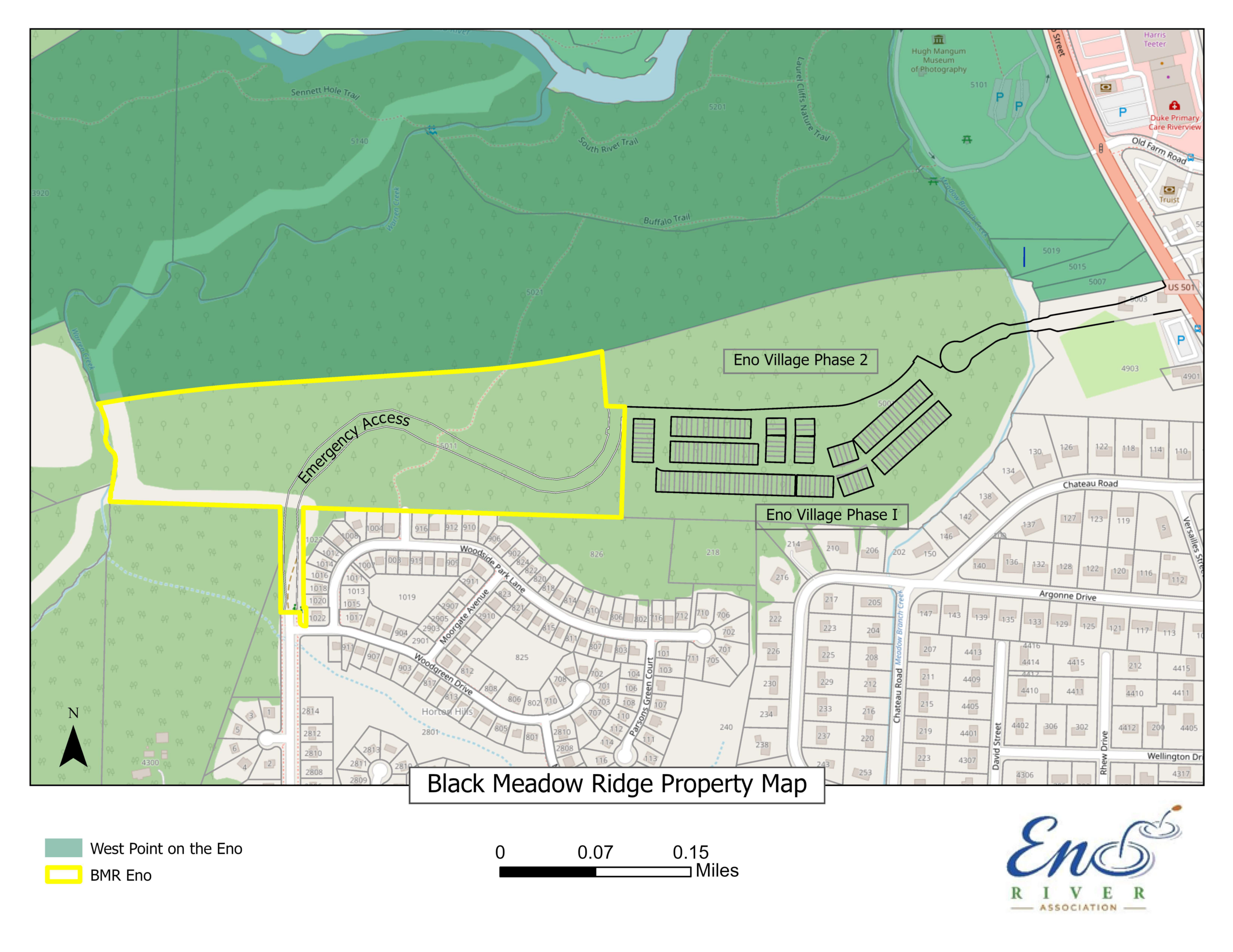 Map of the Black Meadow Ridge Property showing the inclusion of the emergency access road and 27.6 acres of protected land adjacent to the West Point on the Eno Park