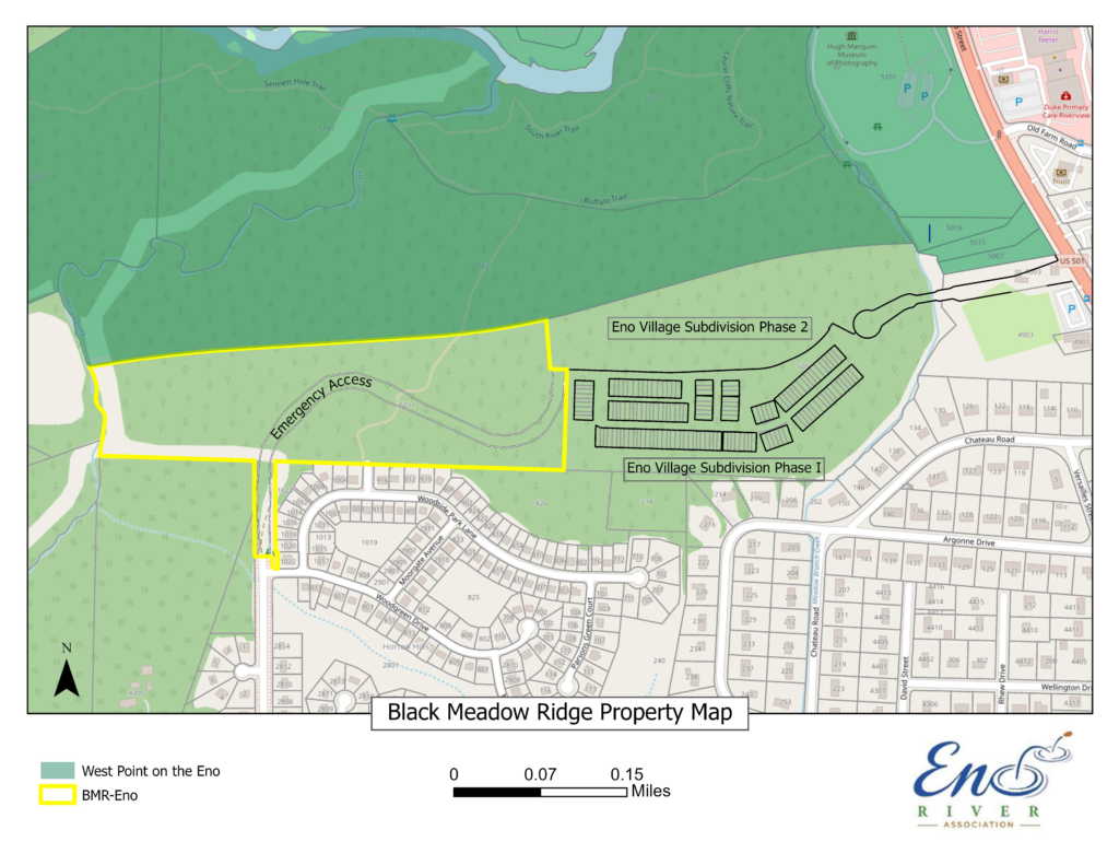 Map of the Black Meadow Ridge Property showing the inclusion of the emergency access road and 27.6 acres of protected land adjacent to the West Point on the Eno Park