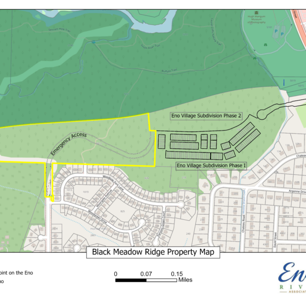 Map of the Black Meadow Ridge Property showing the inclusion of the emergency access road and 27.6 acres of protected land adjacent to the West Point on the Eno Park