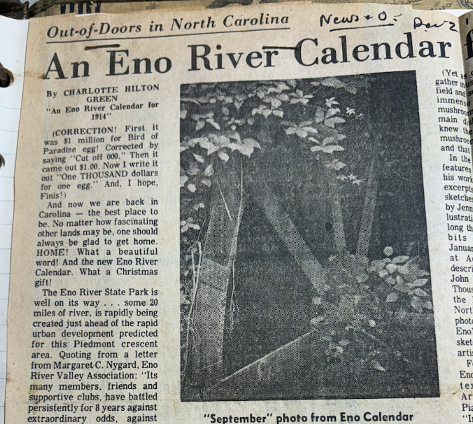 An article on the beginnings of the Eno River Calendar, and how this gift would support the protection of the Eno River. 