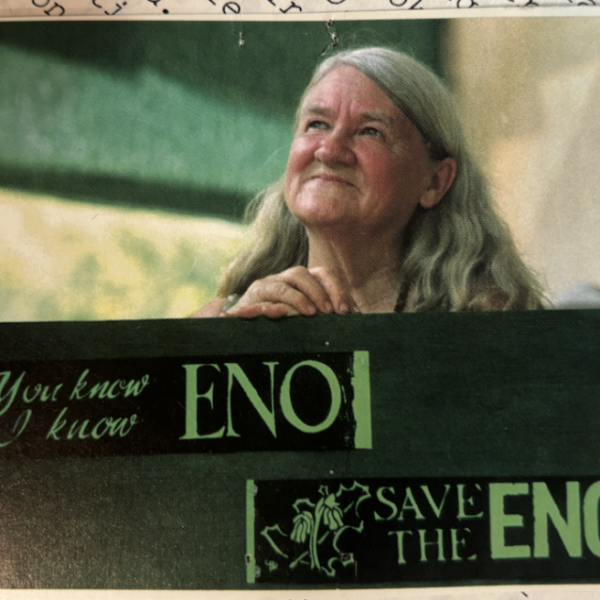 A photo of Margaret Nygard, with text describing the importance of saving the Eno.