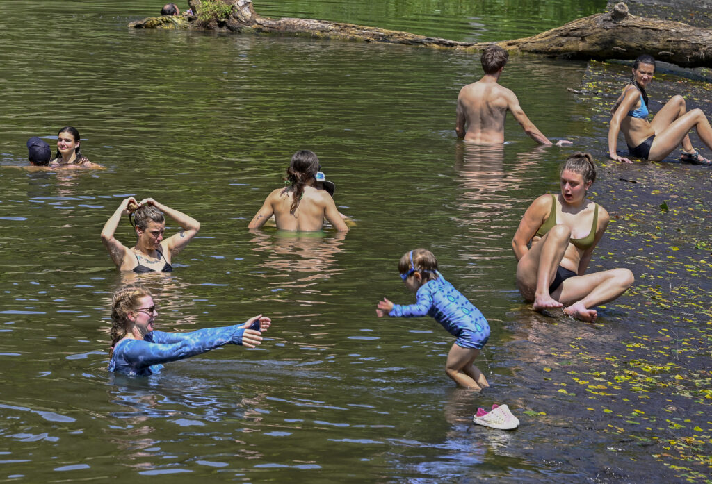A young child in a bright blue bathing suit prepares to leap into their mother's arms amidst a river full of people swimming happily.