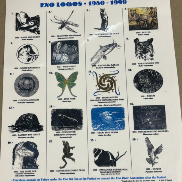 A chart containing the drawn logos of critters for each Festival for the Eno from 1980-1999 including the Great Blue Heron, Dragonfly, Northern River Otter, Red Fox, Belted Kingfisher, Wild Turkey, Catfish, Great Horned Owl, Virginia Opossum, Luna Moth, Southeastern Five-Lined Skink, Bobcat, Eastern Box Turtle, Neuse River Waterdog, Southern Flying Squirrel, White Doe, Southern Leopard Frog, Panhandle Pebblesnail, and Osprey.