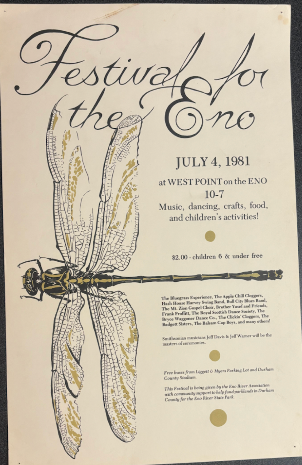 Silk Screen poster for Festival for the Eno on July 4, 1981 depicting a drawing of a dragonfly spreading its wings.