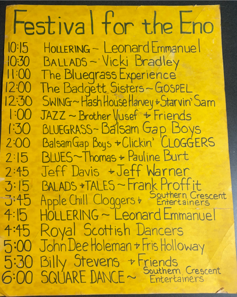 Handwritten Schedule of Events for an Early Festival for the Eno, including Hog hollering, bluegrass, gospel, swing, jazz, cloggers, blues, Scottish dancers, and square dancing.